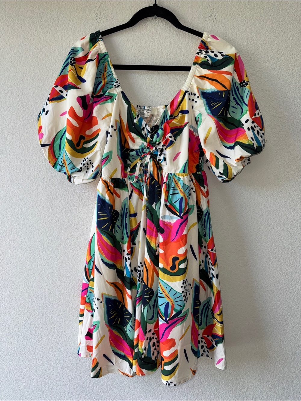 Entro Colorful Tropical Print Puff Sleeve Dress - Small